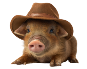 Cute baby pig wearing stylish hat, isolated on transparency background, exuding charm and playfulness. This adorable animal captures attention with its expressive eyes and delightful appearance