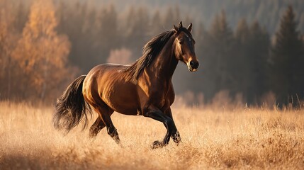 Fototapeta premium Majestic brown horse galloping freely, embodying wild grace and untamed spirit 
