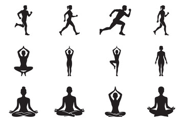 Silhouette Vector Set of Yoga Poses, Meditation, Running and Fitness Exercise Figures,  Wellness and Workout Icons, SVG Clipart Pack for Graphic Design