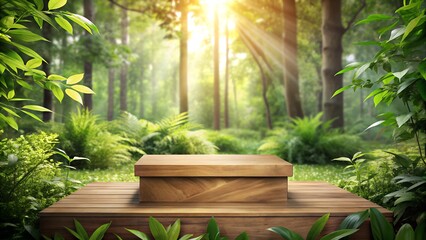 "Wooden textured podium surrounded by lush green foliage and natural sunlight, environmental, organic, earthy tones."