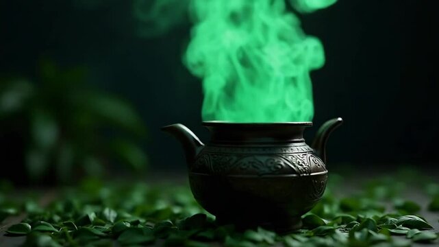 Mystical brew of green vapor rising from a cauldron surrounded by lush foliage