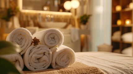 Healthcare time. Closeup on spa composition. in background relaxed female in spa salon laying on massage table.