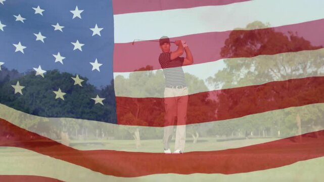 Male golfer stepping onto fairway, aligning grip, swinging club with waving flag overlay for sports