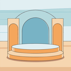 A minimalist stage mockup with soft pale blue, crisp white, and warm tan backdrop
