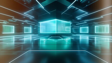 An ultra-modern studio space designed with sleek, geometric architecture, where a captivating blue-green gradient flows seamlessly across the walls and floor. 