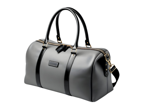   Luxury Travel Duffel Bag in Gray Leather, isolated on transparent background.