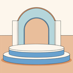 A minimalist stage mockup with soft pale blue, crisp white, and warm tan backdrop