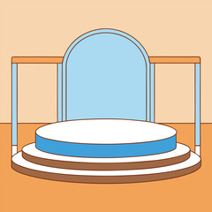 A minimalist stage mockup with soft pale blue, crisp white, and warm tan backdrop