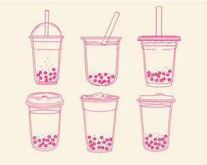Set of original illustrations of b, hand-drawn in a linear style. Vector illustrations of glasses with drinks for posters, cards, cafe menus, and graphic design.