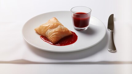closeup of bureger with ketchup at one side present on elegant white background with tissue paper placed in dish at one side.