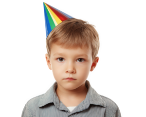 Young child wearing colorful party hat looks directly camera with serious expression. background is isolated, emphasizing child features and attire. This captures essence of birthday celebration