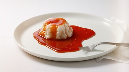 closeup of bureger with ketchup at one side present on elegant white background with tissue paper placed in dish at one side.
