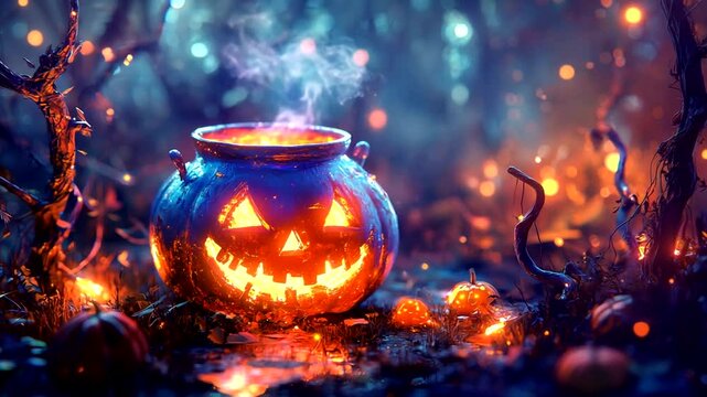 Halloween pumpkin cauldron in mystical forest scene