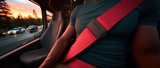Sunset traffic view from a vehicle's interior, red seatbelt