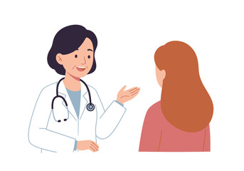 A female doctor speaks to a patient with brown hair in a white setting