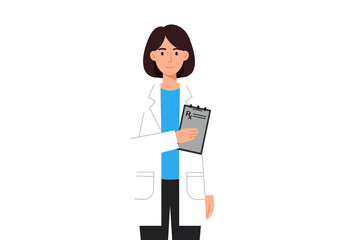 A woman in a lab coat holds a clipboard with an Rx prescription symbol on it