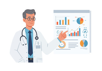 Doctor in lab coat points at data charts with graphs and other medical visualizations