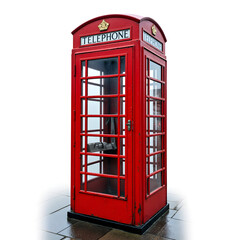 Fototapeta premium A photorealistic image of a London red telephone booth, chipped red paint with glass panes, isolated on a transparent background, foggy city light with red and gray hues, realistic wear, highly detail