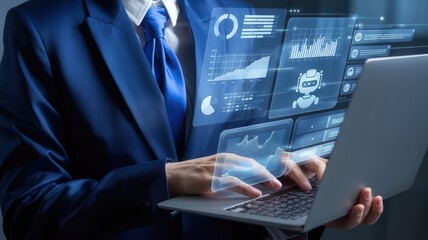 Professional using laptop with data visualization interface for business analytics