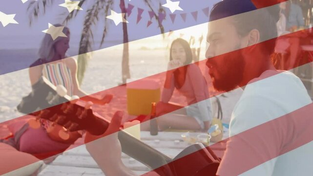 Business group arriving on deck at sunset, hanging pennants, strumming guitar for sunset relaxation