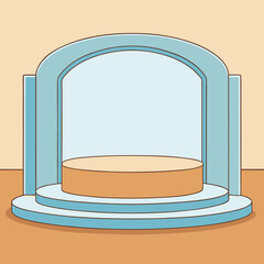 A minimalist stage mockup with soft pale blue, crisp white, and warm tan backdrop