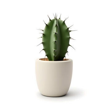 Spiky Cactus in Modern Pot: Minimalist Green Plant on White Background