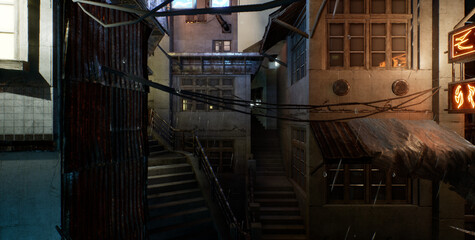 電線や階段のある薄暗いサイバースラム