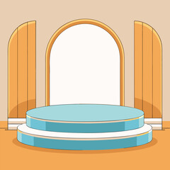 A minimalist stage mockup with soft pale blue, crisp white, and warm tan backdrop