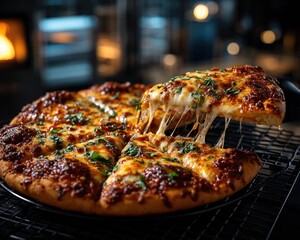 Pizza slice being lifted from a hot, freshly baked pizza