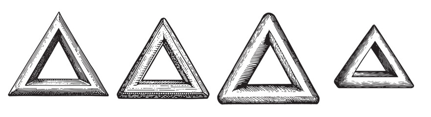 A collection of vintage hand-drawn triangles showcasing different sizes and styles. Perfect for design projects, art prints, and creative backgrounds., set vector illustration