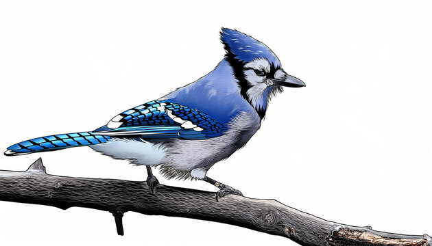 illustration in black of a blue jay bird on a branch isolated