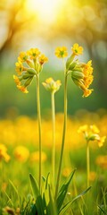 Obraz premium A close-up of three cowslip stems with bright yellow flowers and delicate green leaves in a field on a sunny day