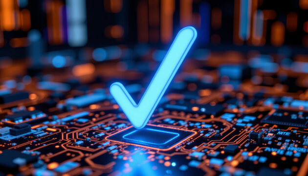 Blue futuristic tick mark floating over electronic circuit board with glowing orange lines and components, symbolizing