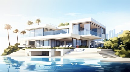 A geometric modern mansion with floating staircases, oversized windows, and a minimalist pool deck, isolated on a white background.