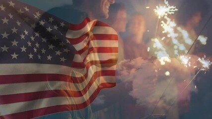 Friends bringing sparkler tips igniting sparks on patio under flag overlay marking celebration - Powered by Adobe