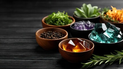 Assorted natural elements in small bowls on dark wood