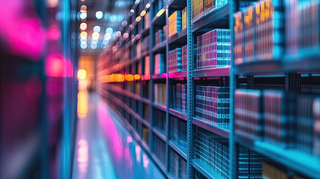 Colorful shelves and neon lights in a blurred warehouse showcasing big data storage technology. 