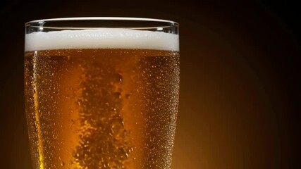 Close up of a refreshing glass of cold golden beer with foam and condensation. Drink for St. Patrick's Day or Oktoberfest footage.