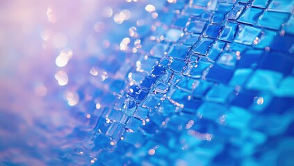 Abstract close-up of a textured, blue, crystalline surface with iridescent highlights