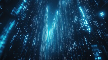 Code compiling with matrix-inspired vertical blue lines on dark background, symbolizing tech. 