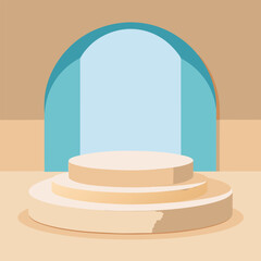 A minimalist stage mockup with soft pale blue, crisp white, and warm tan backdrop
