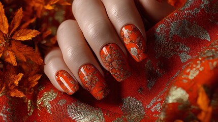 Woman hand with stylish manicure. Orange, gold colors nail polish design with autumn forest themed illustration, holding autumn leaf. Perfect for beauty salon promotion, seasonal nail art, october
