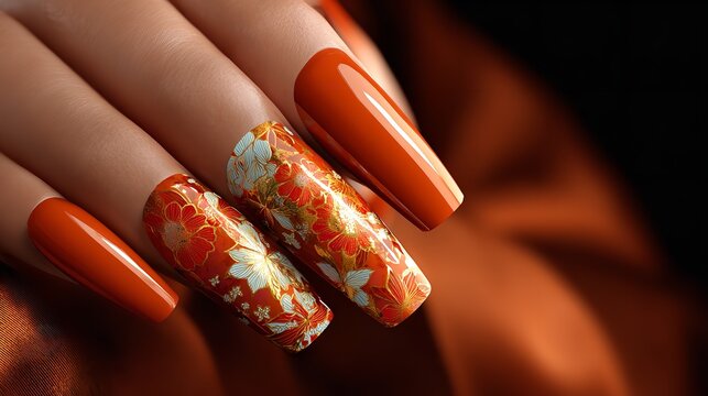 Woman hand with stylish manicure. Orange, gold colors nail polish design with autumn forest themed illustration, holding autumn leaf. Perfect for beauty salon promotion, seasonal nail art, october