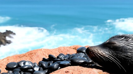 Seal resting on a rocky outcrop overlooking ocean waves