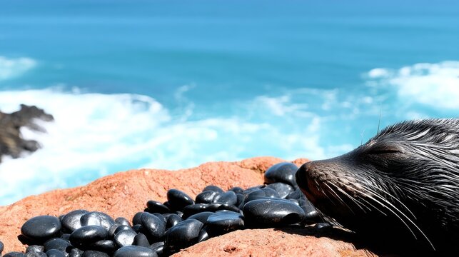 Seal resting on a rocky outcrop overlooking ocean waves - Powered by Adobe