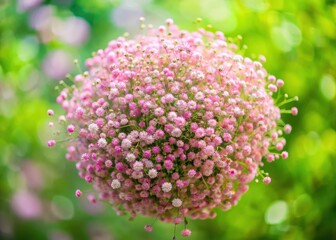 Delicate pink gypsophila flowers cluster in a tight ball against a blurred background of lush green stems and leaves