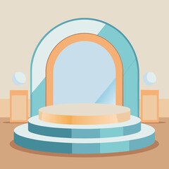 A minimalist stage mockup with soft pale blue, crisp white, and warm tan backdrop