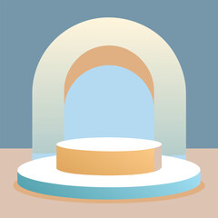 A minimalist stage mockup with soft pale blue, crisp white, and warm tan backdrop