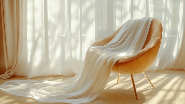 A light beige chair draped with sheer white fabric by a sunlit window.  Soft natural light streams through sheer curtains - Powered by Adobe