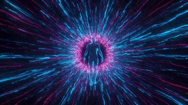 Abstract digital illustration of a person in a glowing portal
